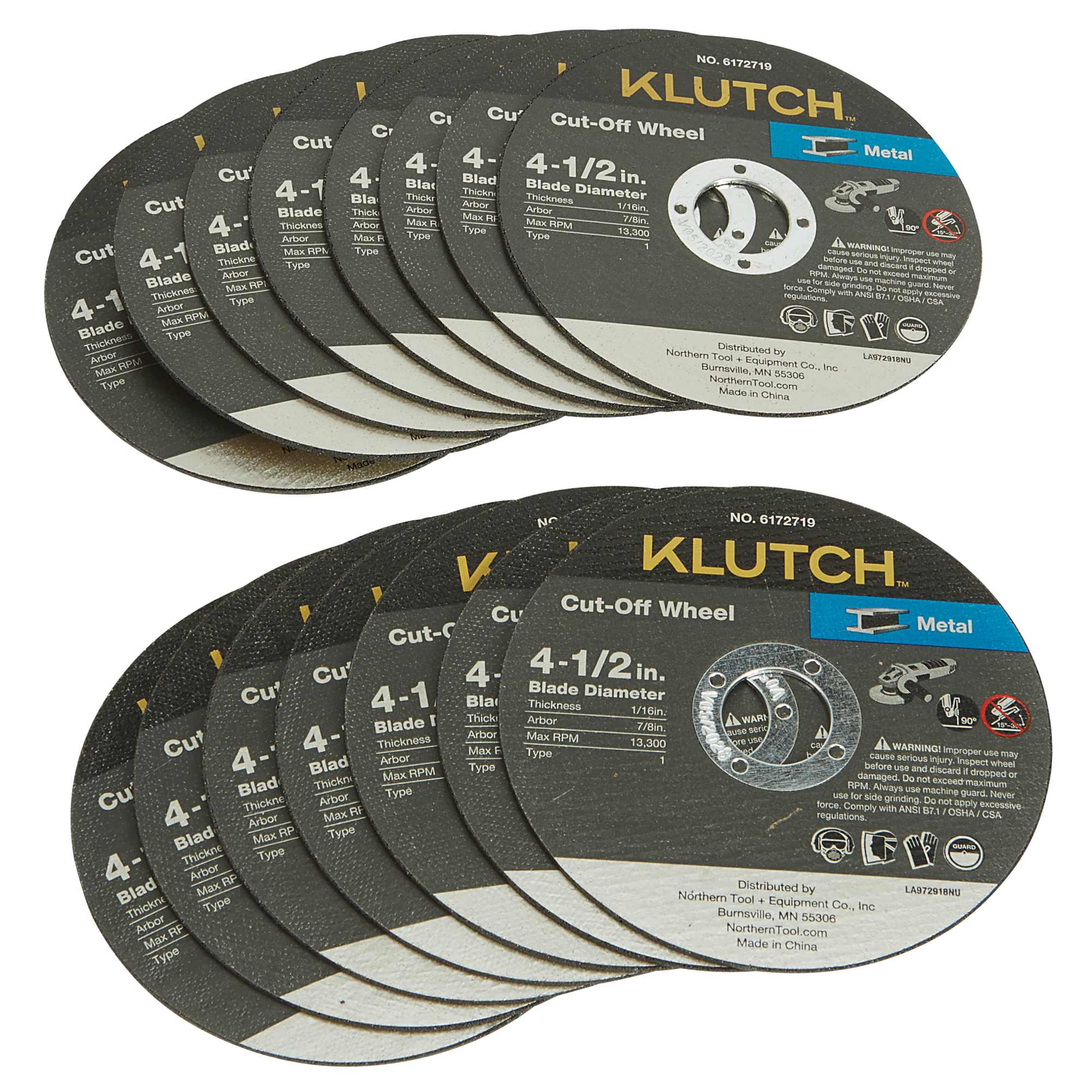 Klutch Metal Cutoff Wheels, 4-1/2in. x 1/16in. x 7/8in., Type 1, 15-Pk.